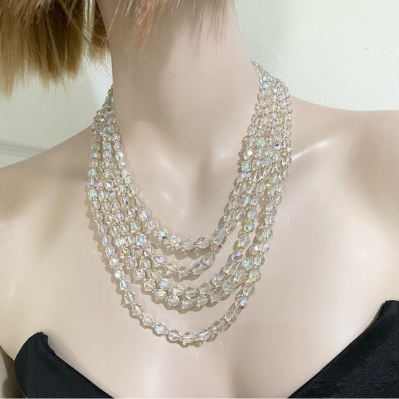Vintage Unsigned Czech Fire Polished Aurora Borealis 5- Strand Beaded Necklace - Picture 5 of 11